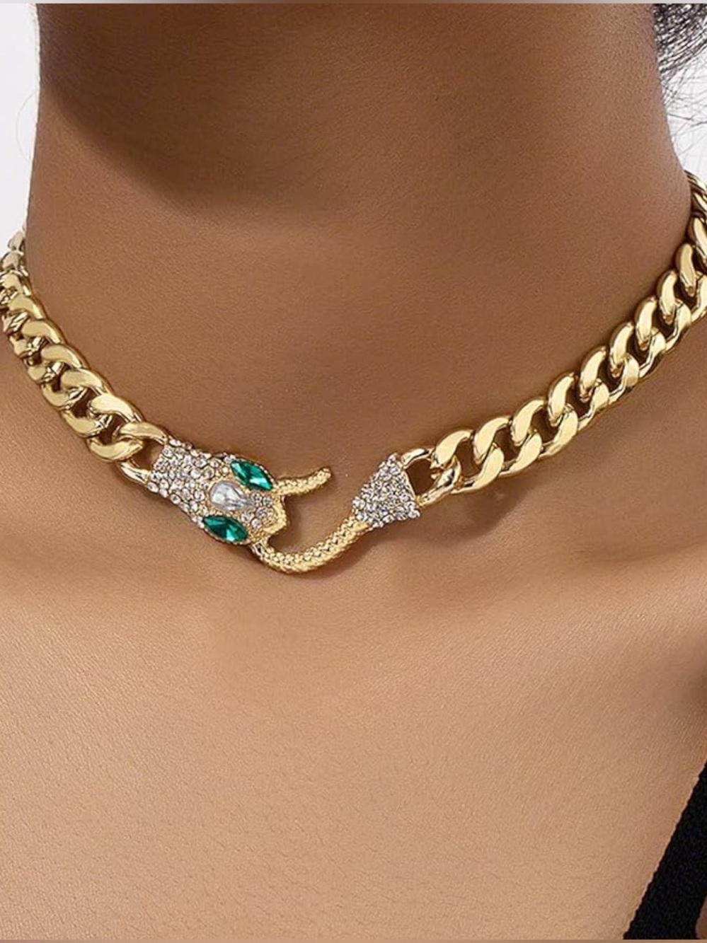 Gold Snake Head Choker with Emerald Green Eyes